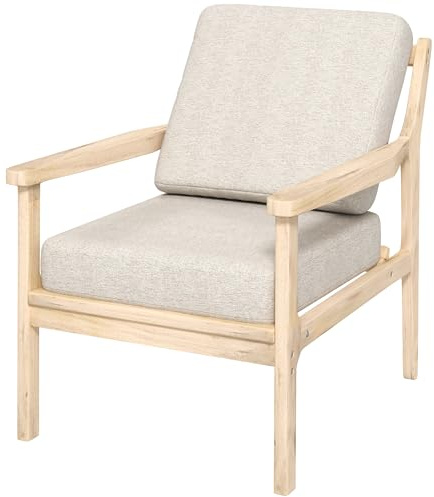 HOMCOM Fauteuil Salon Style scandinave avec accoudoirs, 2 Coussins Amovibles en Tissu Effet Lin, Chaise de Salon avec Pieds en Bois 62x82x82 cm, Beige