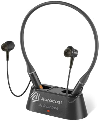 Avantree Loop – Auracast & Bluetooth In-Ear Auriculares de Cuello con Base de Carga Drop-In, Audio de Baja latencia, 3 Modos EQ con Voice Clear, Cómodos para Uso Diario con TV, PC y teléfono