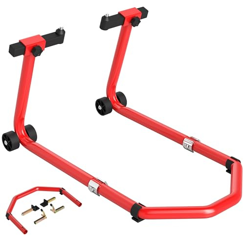 HOMCOM Cavalletto Moto Convertibile Anteriore Posteriore con Forcelle a U e L Supporto per Moto Regolabile Portata 390 kg dotato di Rotelle e Cuscinetti Antiscivolo per Officina e Garage Rosso
