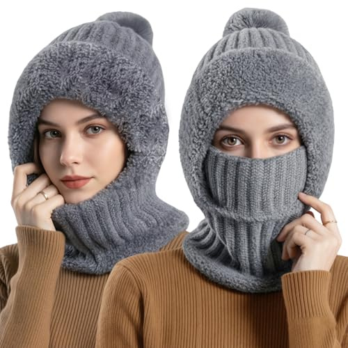 Kunoli Gorro Sombrero 3 en 1 para mujer, gorro de invierno para mujer cálido, pasamontañas para mujer, invierno, con bufanda y máscara, capucha cálida y cubierta facial, forrado a prueba de viento y