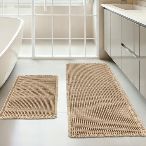 Dekafri Waffle Bath Mat Set of 2, Non Slip Waffle Rugs for Bathroom, Super Absorbent & Quick Dry Soft Shower Mat for Bathroom & Kitchen Floor, Machine Washable Bath Rugs (Brown)
