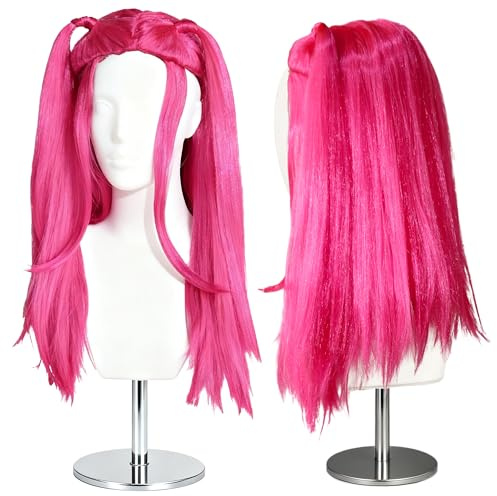 Peluca anime cosplay talla única, coletas o trenza 40-120 cm, fibra sintética con malla ajustable para Halloween, Carnaval y fiestas, negro rosa morado (Fuc)