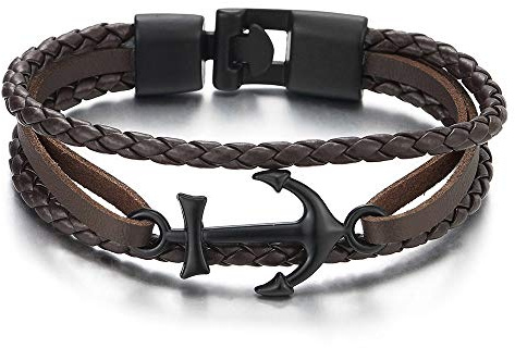 iMETACLII Noir Marin Ancre Tressé Brun Cuir Trois Rangées Bracelets pour Hommes et Femmes