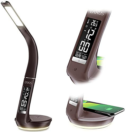 Eaxus® LED Schreibtischlampe mit Ladefunktion - Touch Tischleuchte mit Display, Qi Wireless Ladefunktion, Uhr & Thermometer