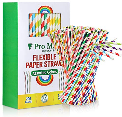 Pro Mael Paper Drinking Straws, Flexible Straws for Juices, Shakes, Smoothies, Disposable Straw for Birthdays, Weddings & Party (200 Pack, Assorted Colors)