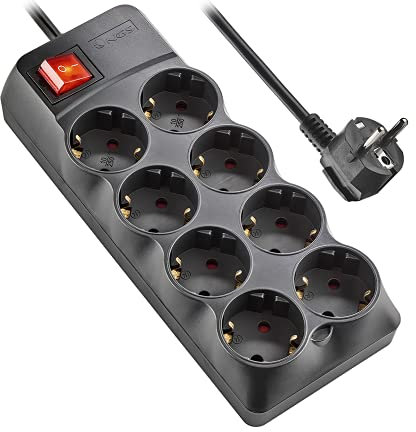 NGS POLE800 - Regleta de Enchufes con Protección contra Sobretensiones, Multienchufe con 8 Tomas Schuko e Interruptor, 250V CA hasta 10A