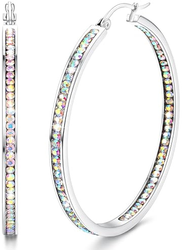 Dimaday Große Creolen Edelstahl für Frauen - Multicolor Strass Huggie Ohrringe Schmuck-Set 35MM/40MM/50MM