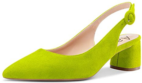 Aachcol Mujer Slingback Pumps Chunky Ancho Medio Bajos Heel Puntiaguada Punta Correa Tobillo de Boda Oficina Fiesta Dress Zapatos Cute 5 CM Verde Lima Ante 39 EU