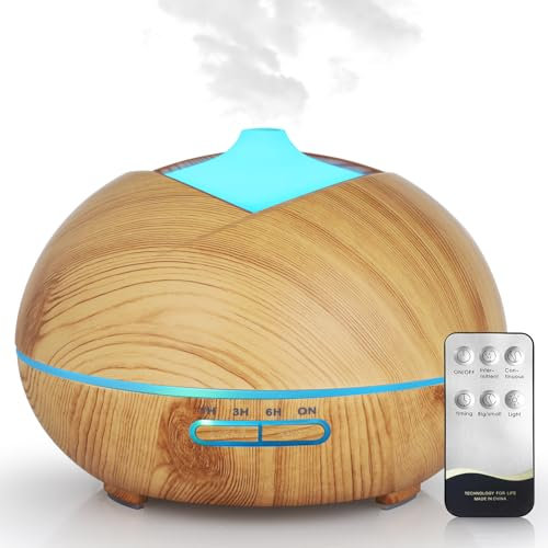 Bigqin 500ML Difusor de aceites Esenciales, Aromaterapia Difusor Aceites con Control Remoto Modo de Niebla Ajustable y 7 Luces LED de Color, Humidificador para Yoga Salon SPA Vivir,Dormir, Bañarse
