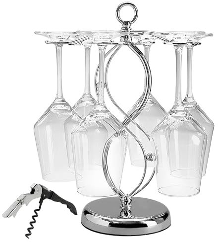 CXRYLZ Wine Glass Holder with Bottle Openers, Glasses Drying Rack and 1pcs Corkscrews, Elegant Silver Hanging Stand 6 Hooks Cup Storage Organiser for Kitchen Bar