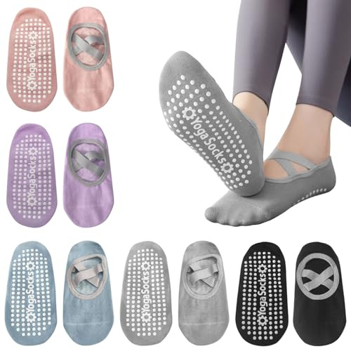 ZOCONE 5 Pares Calcetines Pilates Yoga Mujer Calcetines Antideslizantes Mujer con Correas Multicolores Cortos Tobillero Yoga Socks para Fitness Pilates Ballet
