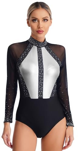 Oyolan Damen Turnanzug Langarm Ballettbody mit Strass Gymnastikanzug Eiskunstlauf Anzug Wettkampf Ballettkleidung Dunkelgrau L