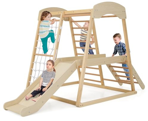 GOPLUS 6 en 1 Triángulo de Escalada Parque para Niños de 1 Año+, Juguetes de Escalada Grande de Madera con Tobogán/Red de Escalada/Barra, Juego de Montessori, Torre de Escalada, Carga 200 KG, Natural