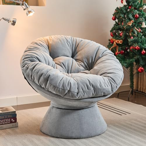Papasan Chair with Cushion and Frame, 360° Swivel Accent Chair, Comfy Chenille Upholstered Round Modern Oversized Reading Lounger with Metal Base Lazy Chair for Bedroom, Living Room, Light Grey