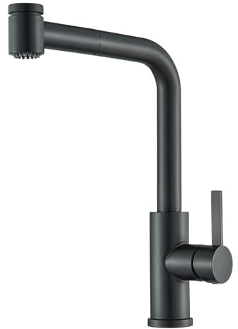 Robinet Cuisine Robinet de Cuisine Haute Pression avec Douchette Extractible, Robinet Evier de Cuisine avec Deux Fonctions de Pulvérisation, Pivotant à 360°, Acier Inoxydable (Noir)