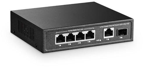 YuLinca Switch mini Gigabit PoE a 6 porte con 4 porte PoE+, 1 uplink Gigaibt RJ45, 1 Gigabit SFP, IEEE802.3af/at, max 65 W, in metallo senza ventole Plug & Play Ethernet