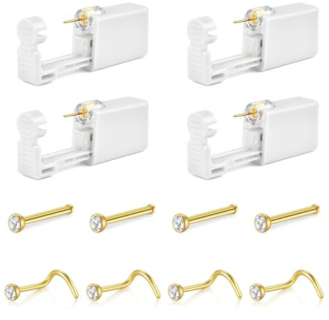 AceFun Kit pistolet à piercing nez,4 Pack pistolet à piercing nez jetable Kit piercing nez de sécurité avec anneaux nasaux Stud piercing nez Kit pistolet outil(Or)