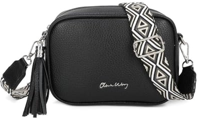 Bolso bandolera mujer pequeño de cuero PU con dos bandoleras bolso mensajero para cruzar polipiel regalo original para mujer (Negro)