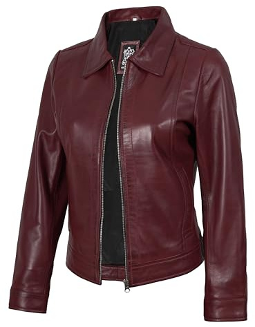 fjackets Veste en cuir pour femme – Véritable peau d'agneau décontractée pour femme Veste en cuir col de chemise Style toutes saisons