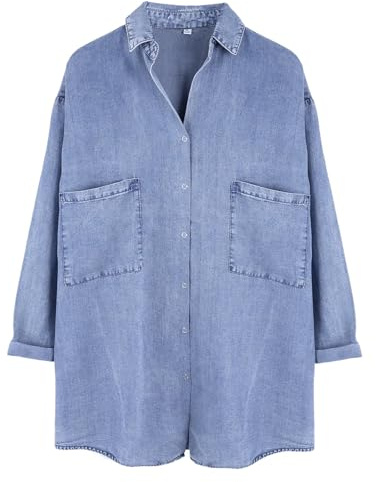 Yimoon Womens Denim Shirt Chambray Blue Button Down Jean Shirt Denim Tops Soft Tencel Casual 3/4 Sleeve Jacket, Blue, XXL