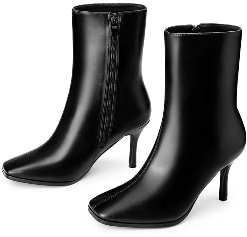 Perphy Black Leather Boots Stiletto Heels Square Toe Ankle Boots for Women 8 M US