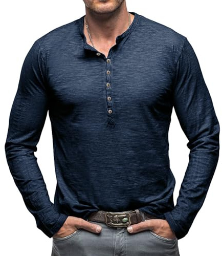 Henley-skjortor, herr, långärmad t-shirt, V-ringning, långärmad skjorta, vintage, slim fit, skjorta, t-shirt med knappslå M-3XL