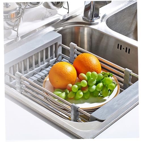 TOPPERFUN Escurridor Cesta de Drenaje Práctica Rectangular de Acero Inoxidable Telescópico para Frutas y Verduras Que Se Ajusta sobre Fregadero para Cocina