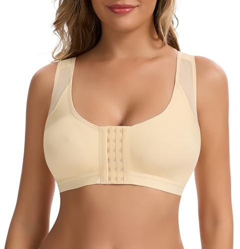 Joyshaper Sujetador Corrector de Postura Mujer Sujetador Abierto Delante Sin Aros Brasier Push Up Bra de Tiras Anchas, Beige, XXL