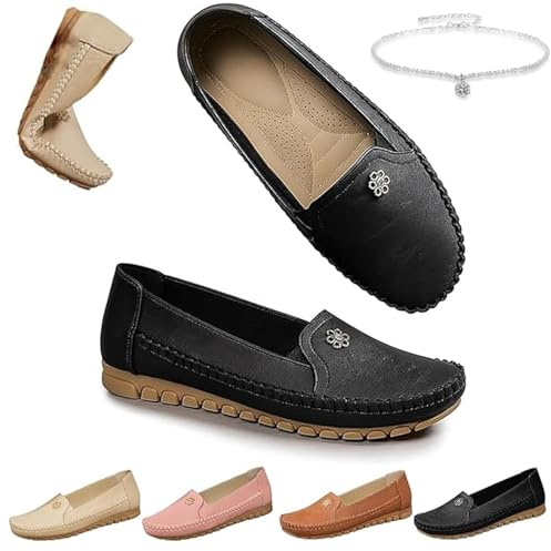 Chaussures orthopédiques en cuir, légères, antidérapantes, respirantes pour femme, confortables et légères, pour le travail, la conduite, mocassins larges avec fleur, Noir , 37.5 EU