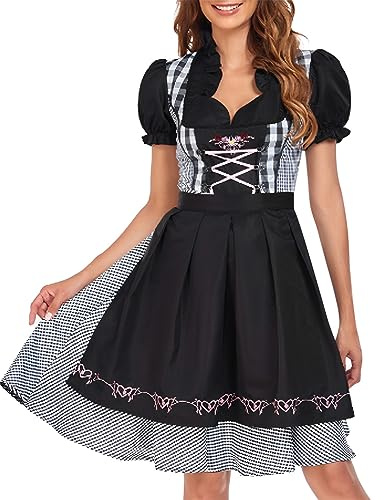 Générique Dirndl Femme Traditionnelle Dirndl Midi Robe Traditionelle de Bavière Allemande Manches Courtes Bavarois Oktoberfest Costumes d'Oktoberfest pour Le Carnaval