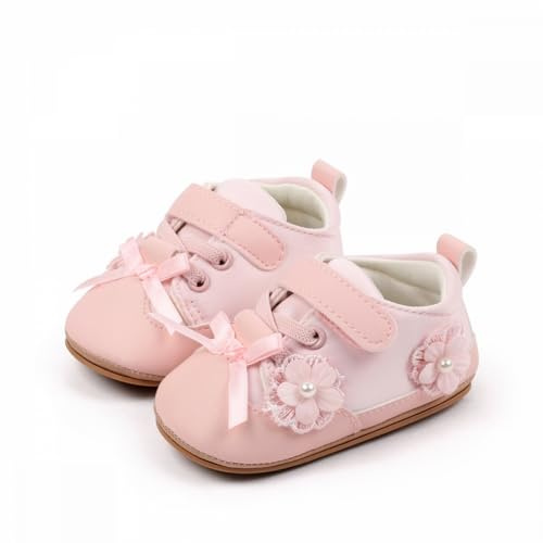 Carolilly Baby Girls Sneakers Floral Bow Non-Slip First Walking Shoes Infant Girls Walking Flats PU Leather Walker Crib Shoes for Party Festival Baby Shower