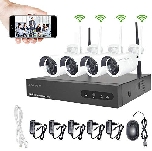 Aottom 8CH 720P Système de WiFi Vidéosurveillance Sécurité sans Fil Kit ,8CH NVR+ 4 x 1MP Caméra, Vision Nocturne, Détection de Mouvement, P2P (No HDD)