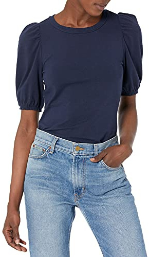 Amazon Essentials Women's Regular-Fit Puff-Sleeve Crewneck T-Shirt, Navy, XXL