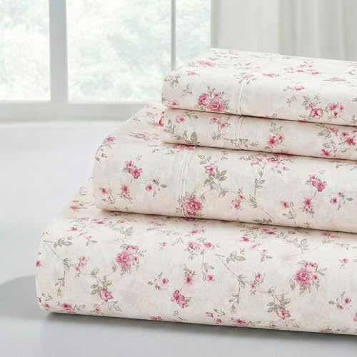 Modern Threads 4-Piece Ultra Soft Microfiber Bed Sheets Set, Wrinkle Free Sheets with Deep Pockets Fitted Sheet, Flat Sheet & Pillowcases, Lightweight Breathable Bedding, Floral Rose, Queen