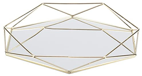 VIFERR Spiegeltablett, Schmuckablage Tablett Metall Gold Make-up Schmuck Organizer Sexangle Spiegel Tablett Verspiegelt Deko Tablett, Gold