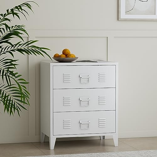 [en.casa] Kommode Hämeenlinna Metallschrank mit 3 Schubladen Mehrzweckschrank Stahl Wohnzimmer Büro Industrial Aktenschrank 60 x 40 x 72 cm Weiß