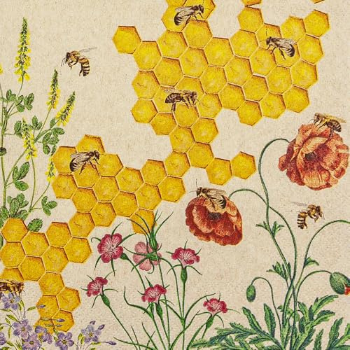 HOME FASHION Serviette Honey Time, 33x33 cm, 3-lagig, 20 Stück, Tischdeko, Bienen, Blumen, Frühlingsdesign