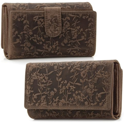 ekavale Damen-Geldbörse groß im Langformat Portemonnaie mit Druckknopf und RFID- Schutz, Geldbörse mit Blüten Muster (Dunkel-Braun)