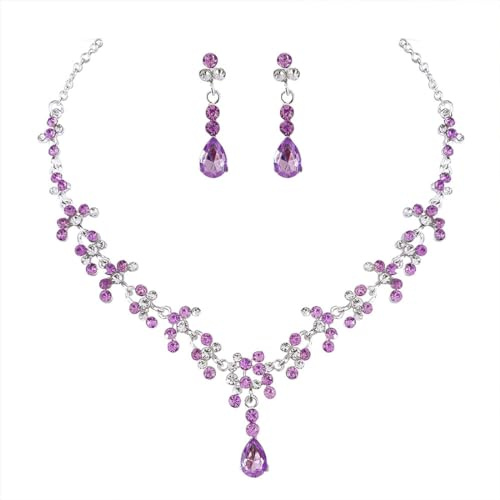 Danshinbow Bride strass collier et boucle d’oreille ensemble collier de cristal fête de mariée ensembles de bijoux de mariage pour les femmes et les filles (La couleur violette)