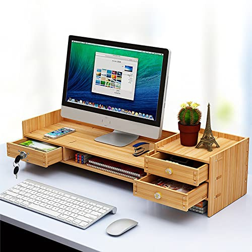 Jolre Soporte para monitor, soporte de escritorio para monitor de computadora, soporte para monitor con cajón, soporte elevado para computadora, organizador de oficina, soporte para monitor de bambú