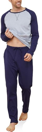 Reliwel Pyjama Homme Hiver Coton Ensembles de Pyjama Homme Long Vêtements de Détente à Manches Longues Col Rond et Pantalon avec Poches Doux Voyages Loisirs Deux Pièces