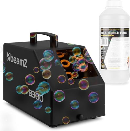 BeamZ B300 Seifenblasenmaschine mit 1L Flüssigkeit, Fernbedienung, 25 Watt, Luftblasenmaschine, Bubble Machine, 10.000 Bubbles pro Minute, Seifenblasen Hochzeit - Schwarz