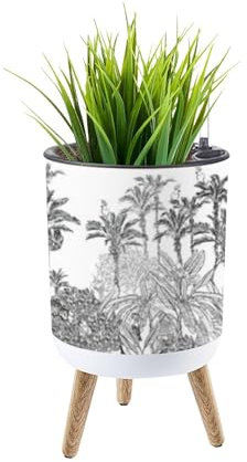 Maceta sin costuras de 14 pulgadas con patas de madera maciza para plantas de interior y exterior, maceta decorativa con leopardo, loros, abubilla, adelfa, flores de hibisco, sensor de nivel de agua