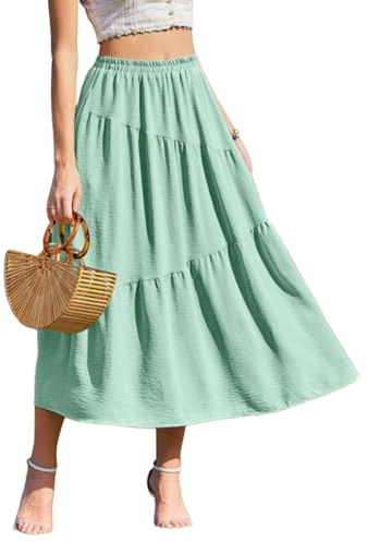 Zeagoo kjol lång dam elegant maxikjol med fickor elastisk hög midja sommarkjol ledig flytande strandkjol A-linje maxi kjol S–XXL, Ljusgrön, M