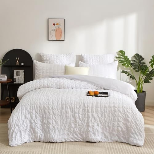 Gezu Seersucker Housse de Couette 220x240cm Blanc Carreaux Structuré | Parure de lit 220x240 Adulte 2 Personnes Adulte Set de Housse Couette en Doux Microfibre avec 2 Taie d'oreiller 65x65