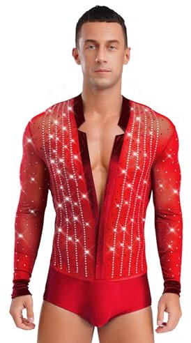 Jhaoyu Herren Latein Body Langarm Hemd mit Tiefer V Ausschnitt Glitzer Shiny Ballett Trikot Pailletten Gymnastik Leotard Glänzend Ballettanzug Rot M