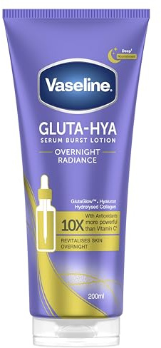 Vaseline Gluta-Hya Overnight Radiance Serum Burst Lotion Moisturiser – Body Lotion with GlutaGlow™, Hyaluron, Collagen & Antioxidants 10x Stronger Than Vitamin C*, For Plumper Skin in 5 Days 200ml