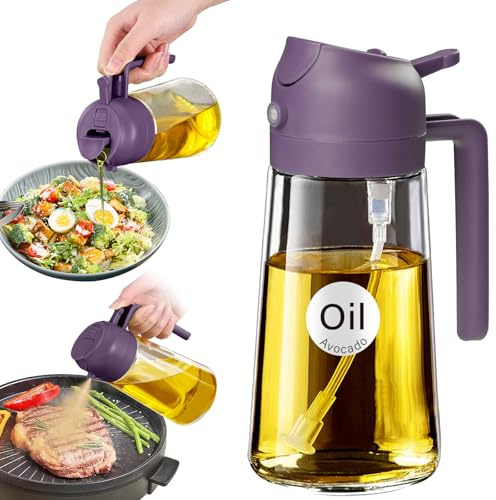 YARRAMATE 2-in-1 Olive Oil Sprayer Glass Bottle Dispenser, 16oz/470ml Capacity, Premium Nozzle for Cooking, Pour and Spray, Kitchen, Air Fryer, BBQ (Purple)