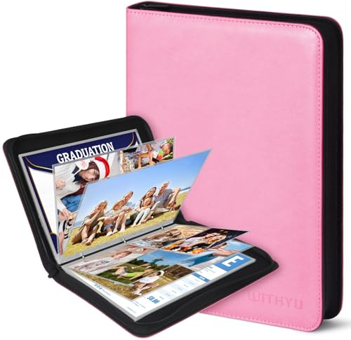 Álbum de Fotos A4 de Cuero PU con Fundas Transparentes Extraíbles - 30 Páginas (Tres Tipos de Bolsillos, Doble Cara) + Cremallera Impermeable - Para Fotos, Recuerdos de Bebé y Documentos (Rosa)