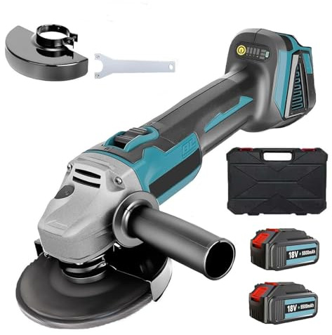 Akku-Winkelschleifer 18V, Ø 125mm, Schnellspannschutz, Anti-Vibrationsgriff, mit 2x 5500mAh Akku, 10,000RPM Bürstenloser Winkelschleifer Set mit Schneidrad, Holzschnitzrad für Trennen und Schleifen ﻿